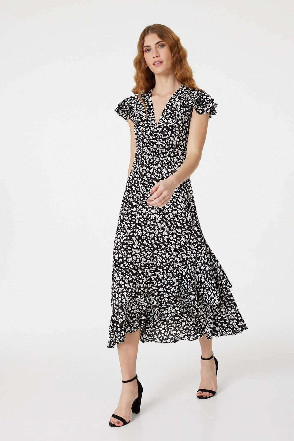 Ditsy Print V-Neck Frilled Midi Dress 3 Ditsy Print V-Neck Frilled Midi Dress