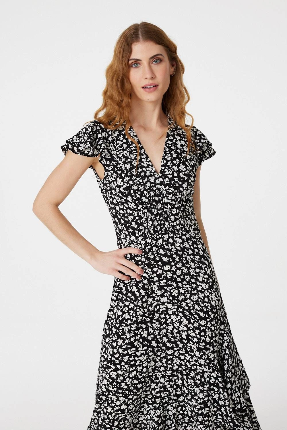 Ditsy Print V-Neck Frilled Midi Dress 4 Ditsy Print V-Neck Frilled Midi Dress - Image 2