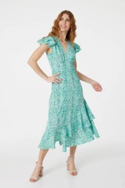 Floral V-Neck Frilled Midi Dress -Hallmark Style D163312 GREEN 2