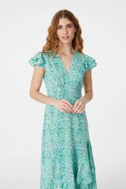 Floral V-Neck Frilled Midi Dress -Hallmark Style D163312 GREEN 3
