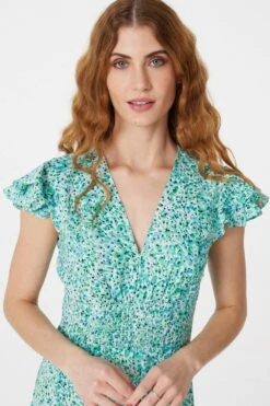 Floral V-Neck Frilled Midi Dress -Hallmark Style D163312 GREEN 4