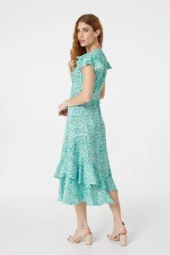Floral V-Neck Frilled Midi Dress -Hallmark Style D163312 GREEN 5