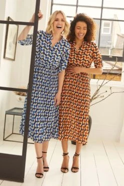 Geo Print Pleated Midi Shirt Dress