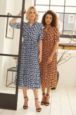 Geo Print Pleated Midi Shirt Dress -Hallmark Style D1634012