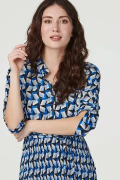 Geo Print Pleated Midi Shirt Dress -Hallmark Style D163401 BLUE 4