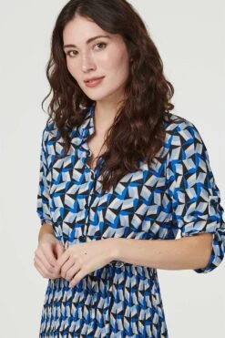 Geo Print Pleated Midi Shirt Dress -Hallmark Style D163401 BLUE 5