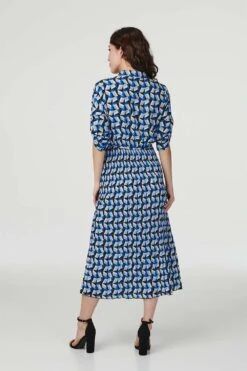 Geo Print Pleated Midi Shirt Dress -Hallmark Style D163401 BLUE 6