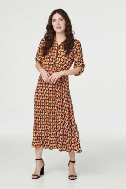 Geo Print Pleated Midi Shirt Dress -Hallmark Style D163401 ORANGE 1
