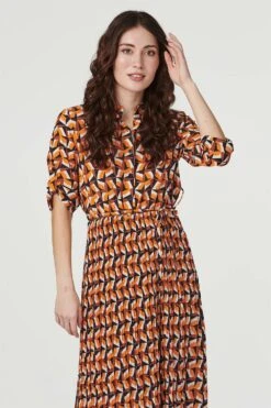 Geo Print Pleated Midi Shirt Dress -Hallmark Style D163401 ORANGE 3