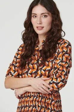 Geo Print Pleated Midi Shirt Dress -Hallmark Style D163401 ORANGE 4
