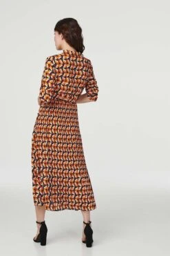 Geo Print Pleated Midi Shirt Dress -Hallmark Style D163401 ORANGE 5