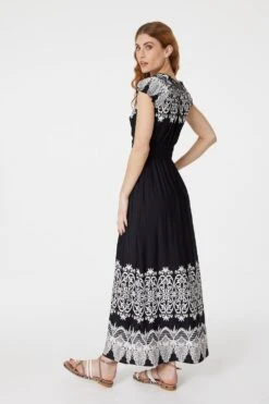 Lace Print Cap Sleeve Maxi Dress -Hallmark Style D163540 BLACK 4