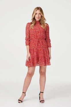 Ditsy Print 3/4 Sleeve Skater Dress -Hallmark Style D163631 RED 1