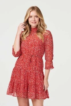 Ditsy Print 3/4 Sleeve Skater Dress -Hallmark Style D163631 RED 2