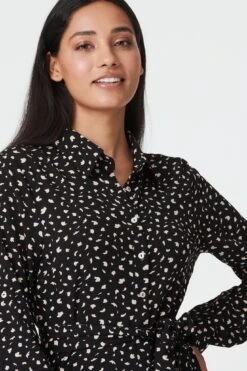 Ditsy Print Tie Waist Midi Shirt Dress -Hallmark Style D163635 BLACK 3