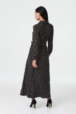 Ditsy Print Tie Waist Midi Shirt Dress -Hallmark Style D163635 BLACK 4