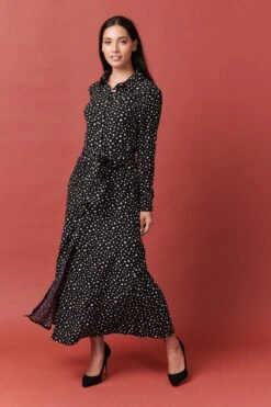 Ditsy Print Tie Waist Midi Shirt Dress -Hallmark Style D163635 BLACK 5