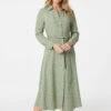 Ditsy Print Tie Waist Midi Shirt Dress -Hallmark Style D163635 SAGE 1