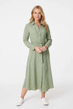 Ditsy Print Tie Waist Midi Shirt Dress