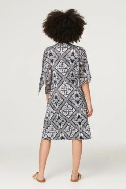 Printed Flare Sleeve Midi Dress -Hallmark Style D163660 BLACK AND WHITE 6