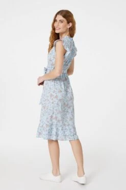 Floral V-Neck Knee Length Dress -Hallmark Style D163687 BLUE 4