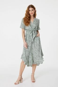 Ditsy Print Tie Front Tea Dress -Hallmark Style D163689 GREEN 2