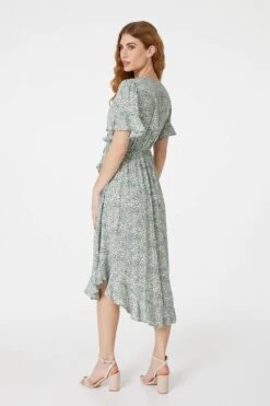 Ditsy Print Tie Front Tea Dress -Hallmark Style D163689 GREEN 7