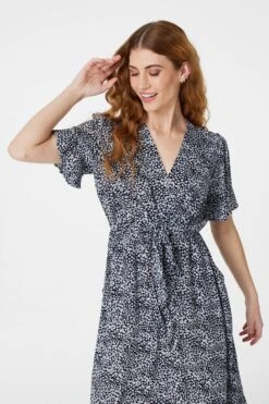 Ditsy Print Tie Front Tea Dress -Hallmark Style D163689 NAVY 3