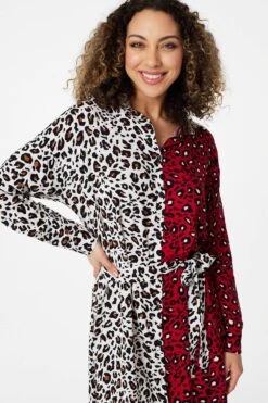 Animal Print Colour Block Shirt Dress -Hallmark Style D163696 RED 4