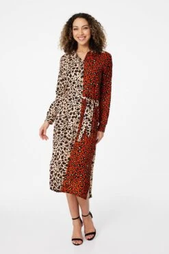 Animal Print Colour Block Shirt Dress -Hallmark Style D163696 RUST 2