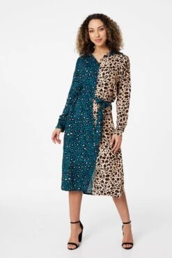 Animal Print Colour Block Shirt Dress -Hallmark Style D163696 TEAL 2