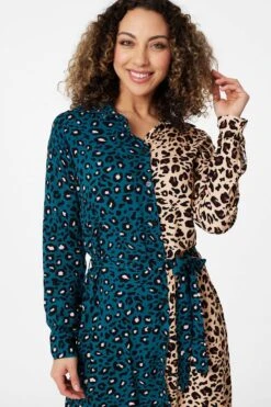 Animal Print Colour Block Shirt Dress -Hallmark Style D163696 TEAL 4