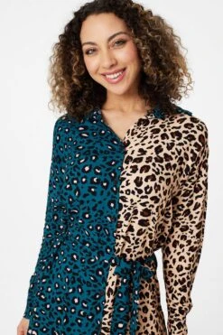 Animal Print Colour Block Shirt Dress -Hallmark Style D163696 TEAL 5