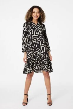 Abstract Print Mini Smock Dress -Hallmark Style D163697 BLACK AND WHITE 1