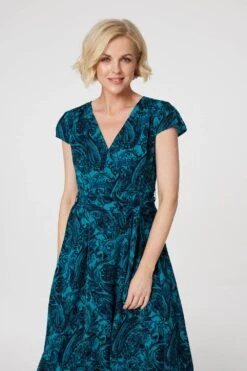 Paisley Print High Low Wrap Dress -Hallmark Style D163743 GREEN 3