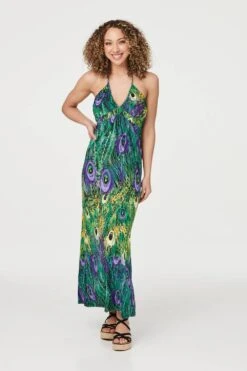 Peacock Print Halterneck Maxi Dress -Hallmark Style D163774 MULTI GREEN 1 1