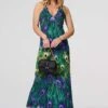 Peacock Print Halterneck Maxi Dress -Hallmark Style D163774 MULTI GREEN 1