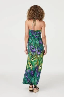 Peacock Print Halterneck Maxi Dress -Hallmark Style D163774 MULTI GREEN 6 1