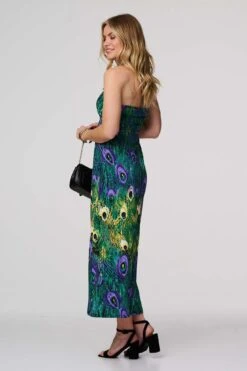 Peacock Print Halterneck Maxi Dress -Hallmark Style D163774 MULTI GREEN 6