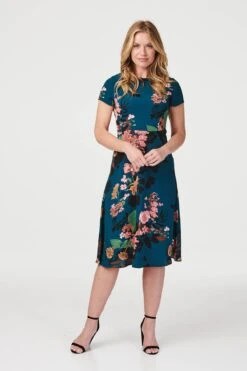 Floral Round Neck Tea Dress -Hallmark Style D163819 TEAL 1