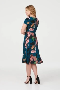 Floral Round Neck Tea Dress -Hallmark Style D163819 TEAL 5