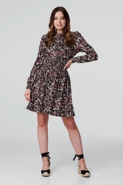 Floral 1/2 Button Front Skater Dress -Hallmark Style D163938 BLACK 2