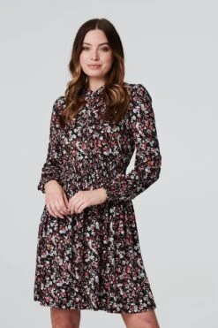 Floral 1/2 Button Front Skater Dress -Hallmark Style D163938 BLACK 3