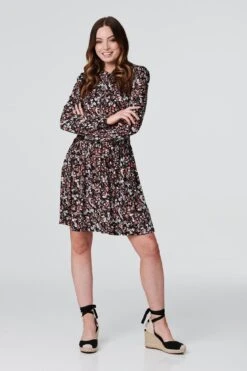 Floral 1/2 Button Front Skater Dress -Hallmark Style D163938 BLACK 6