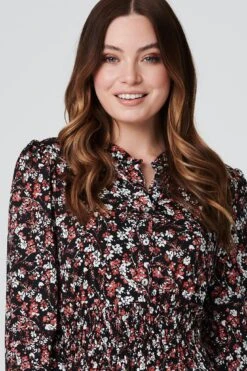 Floral 1/2 Button Front Skater Dress -Hallmark Style D163938 BLACK 8