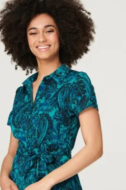 Paisley Tie Waist Shirt Dress -Hallmark Style D163949 GREEN 4