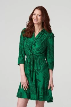 Leaf Print Pephem Shirt Dress