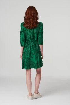 Leaf Print Pephem Shirt Dress -Hallmark Style D163968 GREEN 4