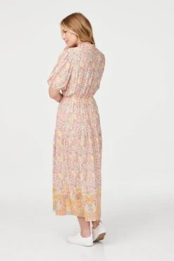 Retro Floral V-Neck Smock Dress -Hallmark Style D164002 MULTI YELLOW 5