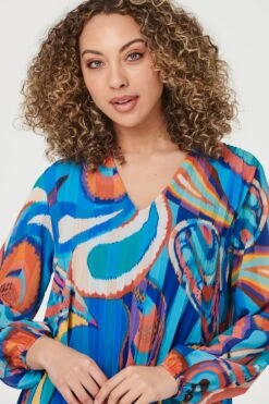 Paisley Long Sleeve Smock Dress -Hallmark Style D164018 MULTI BLUE 3